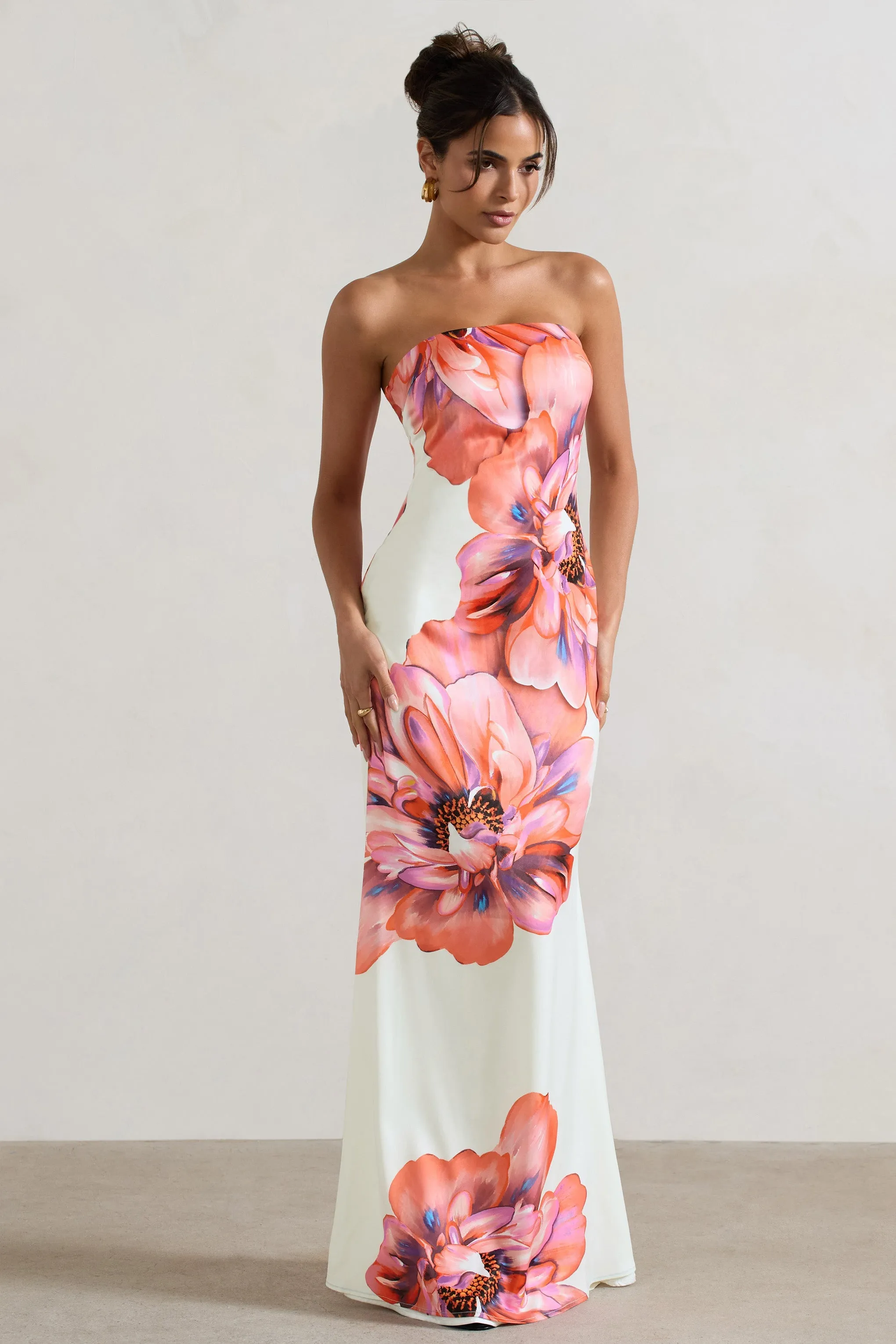 Sofiane | Cream & Pink Floral Print Bandeau Maxi Dress