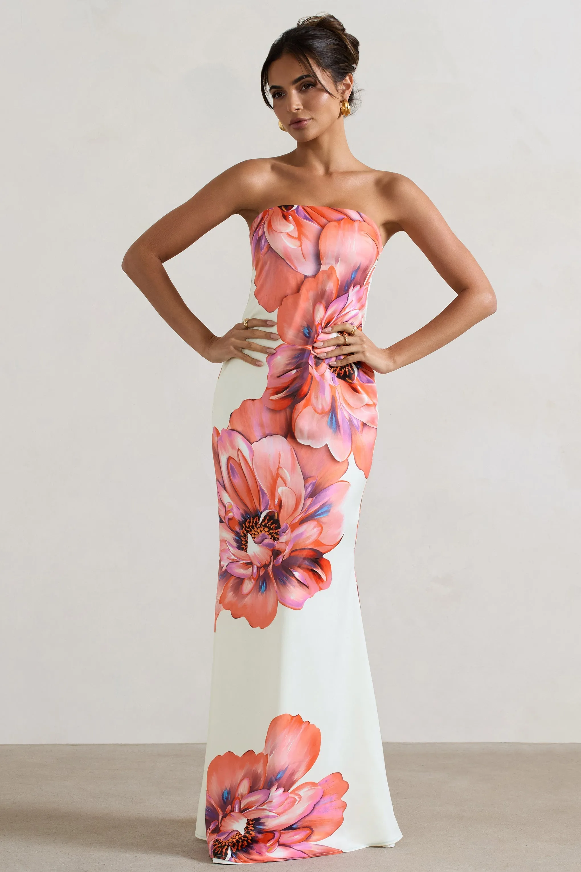 Sofiane | Cream & Pink Floral Print Bandeau Maxi Dress