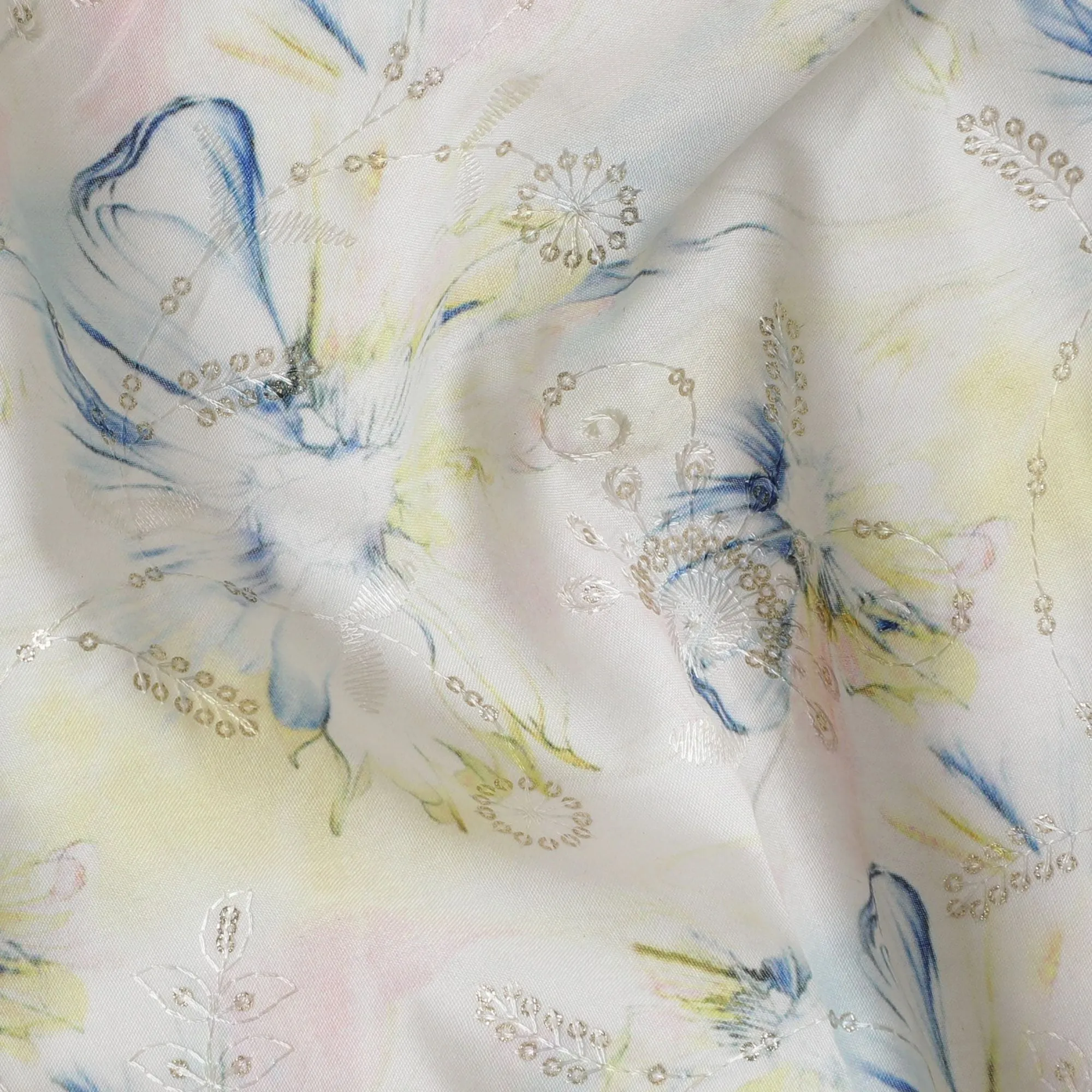 Soft Pastel Floral Sequin Embroidered Synthetic Cotton Fabric - 110cm Wide-D18551