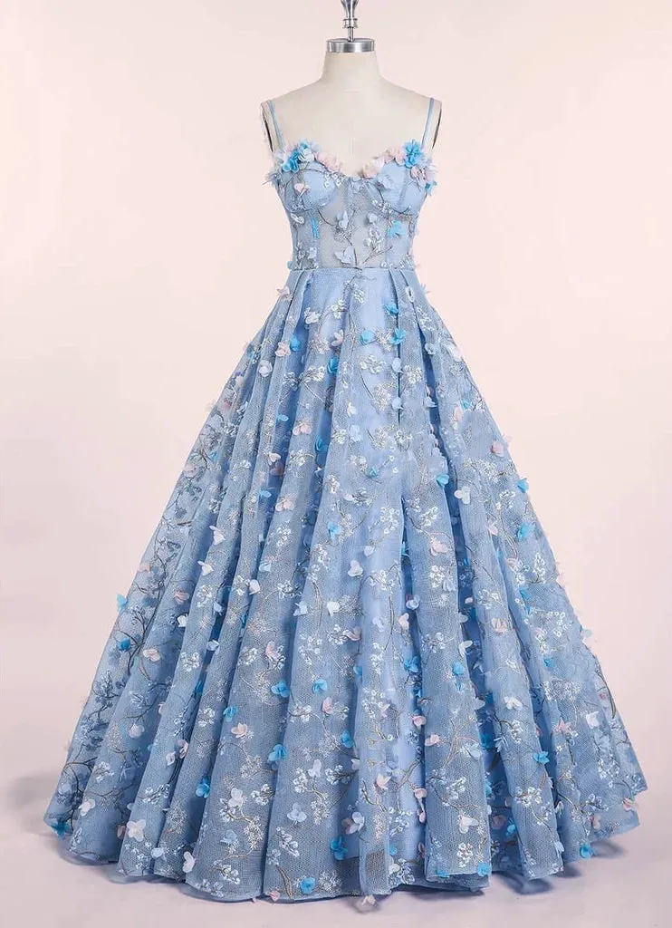 Spaghetti Strap 3D Flower Applique Sky Blue Prom Dresses Ball Gowns