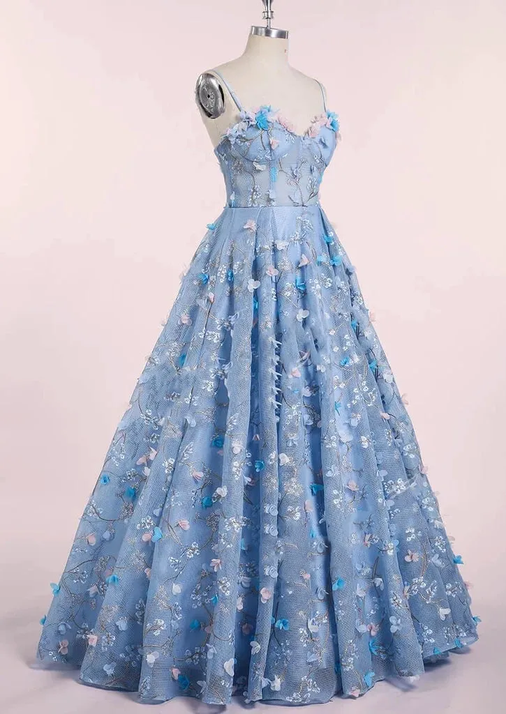 Spaghetti Strap 3D Flower Applique Sky Blue Prom Dresses Ball Gowns