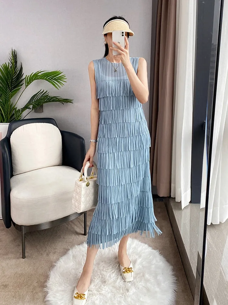 Spliced Tassel O-Neck Sleeveless Midi Dress