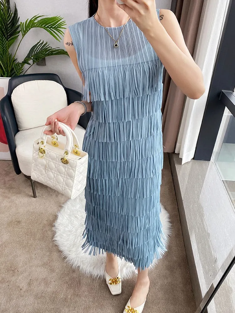 Spliced Tassel O-Neck Sleeveless Midi Dress