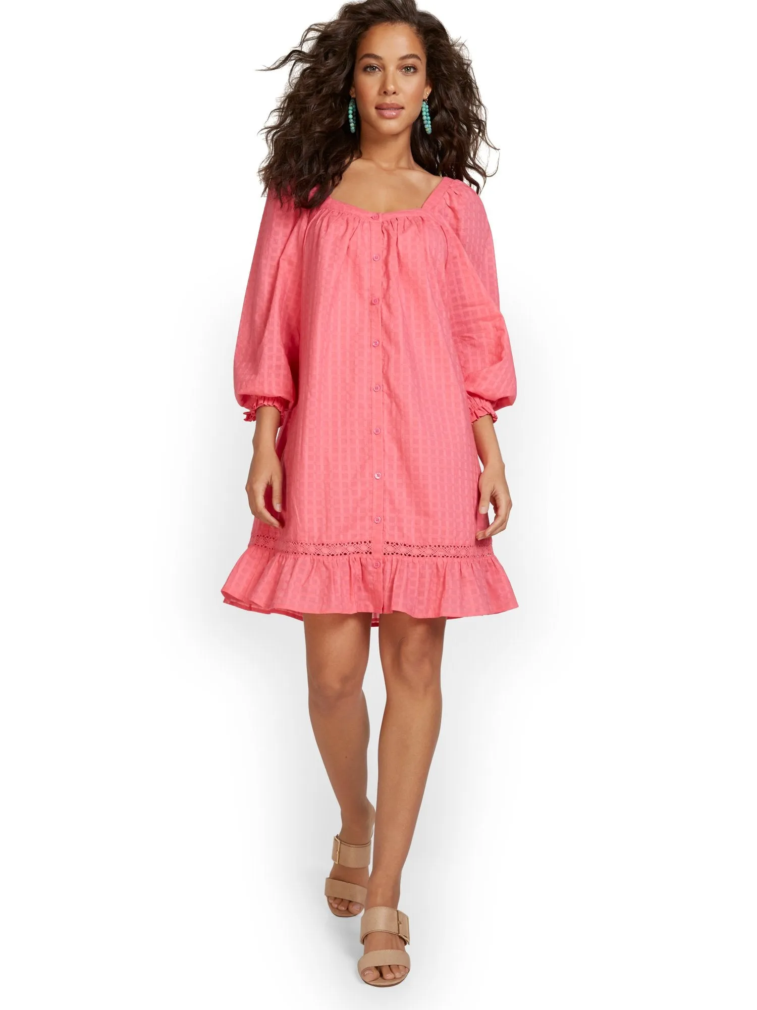 Square-Neck Balloon-Sleeve Eyelet Ruffle Dress