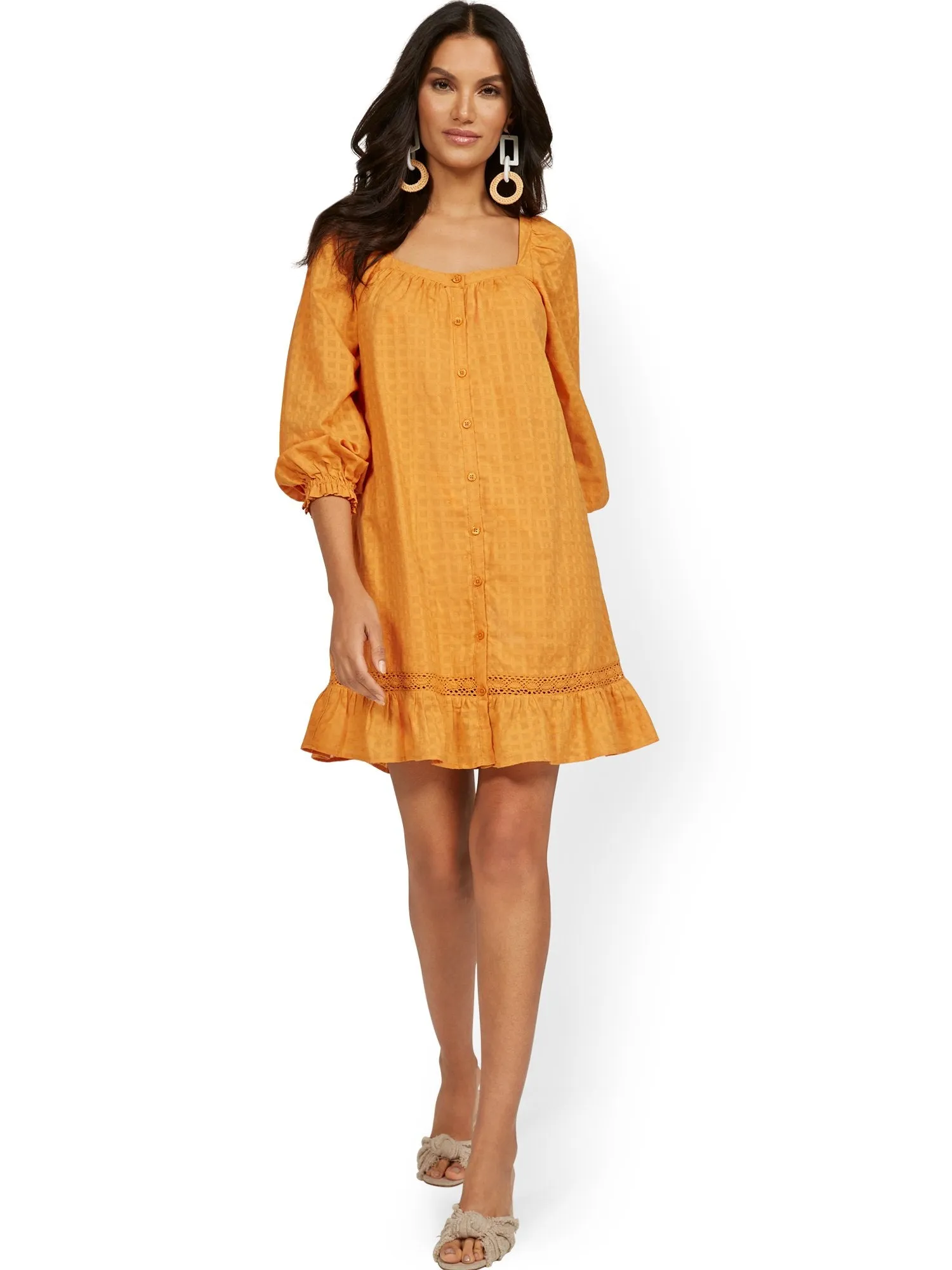 Square-Neck Balloon-Sleeve Eyelet Ruffle Dress