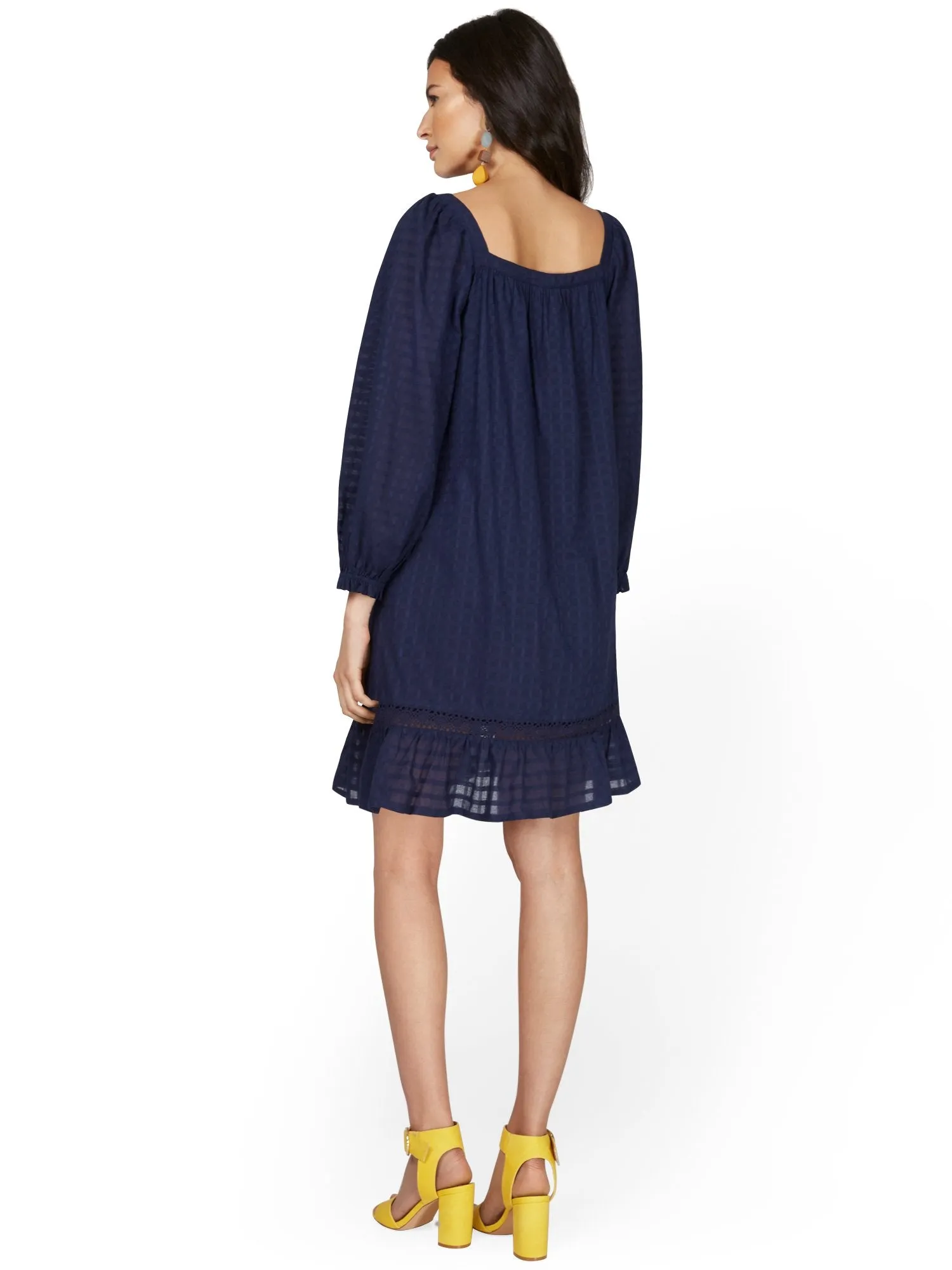 Square-Neck Balloon-Sleeve Eyelet Ruffle Dress