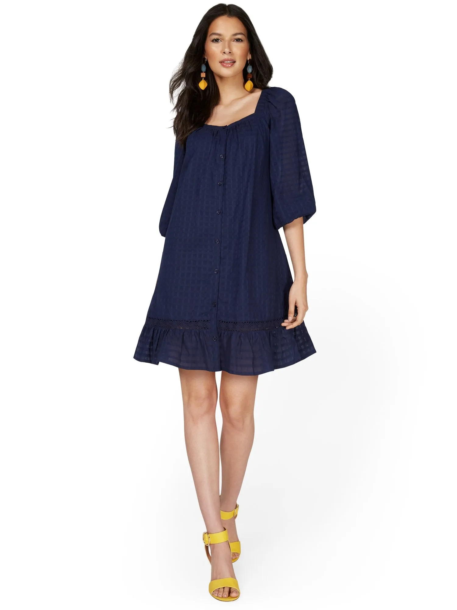 Square-Neck Balloon-Sleeve Eyelet Ruffle Dress