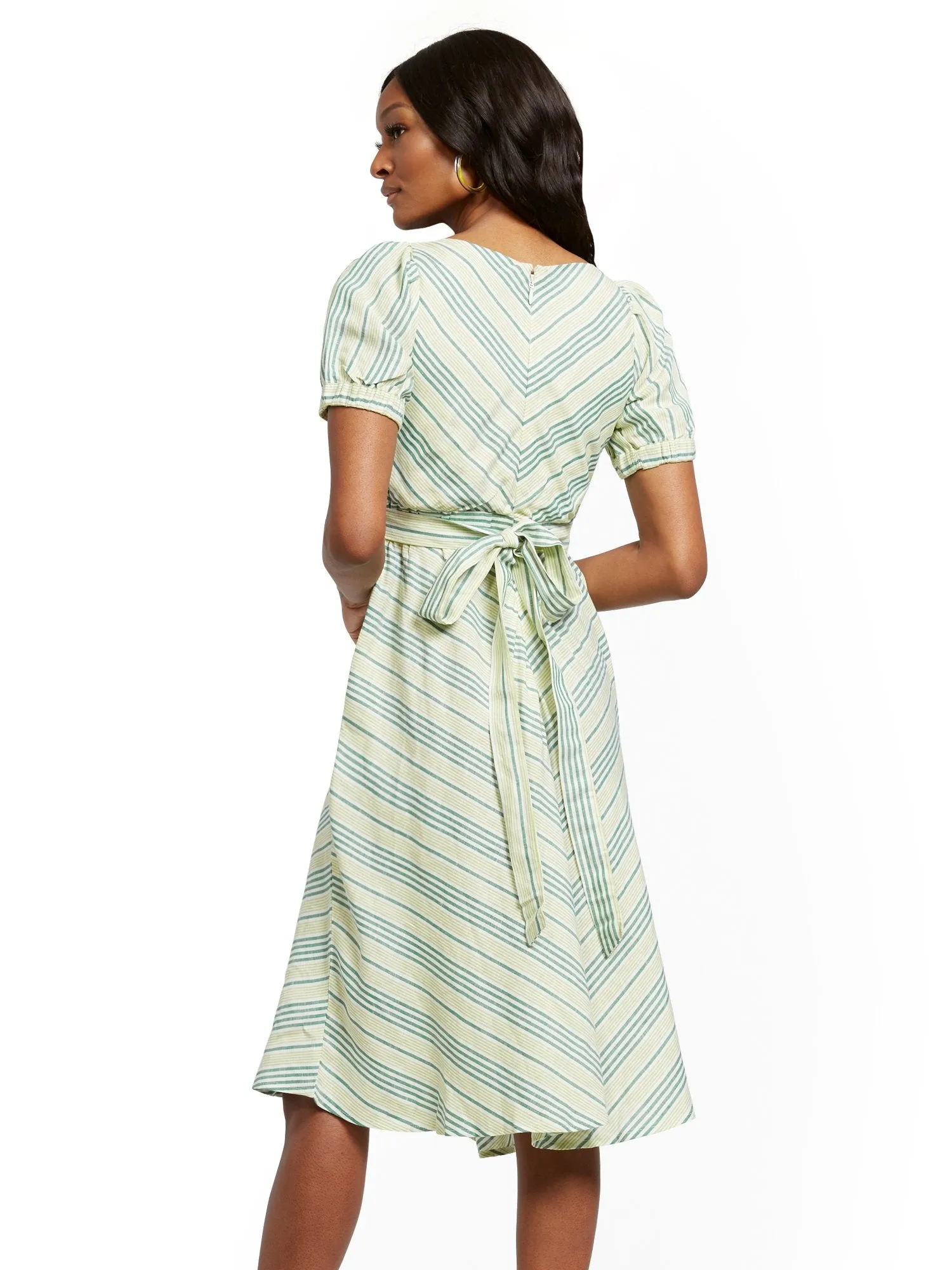 Stripe Fit and Flare Linen Blend Dress