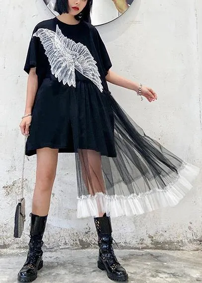 Style black dresses o neck patchwork tulle Midi Dresses