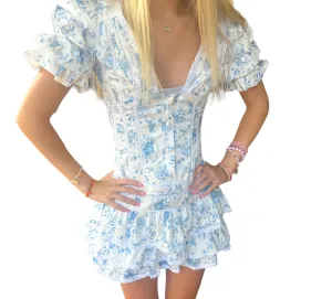 Sweet Roses Blue Ruffle Dress with Charming Elegance