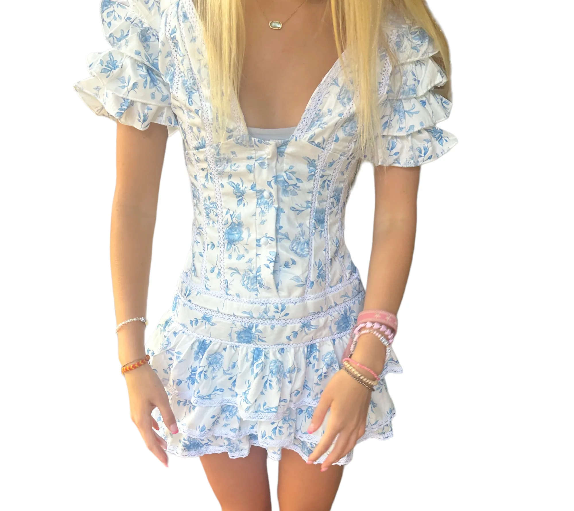 Sweet Roses Blue Ruffle Dress with Charming Elegance