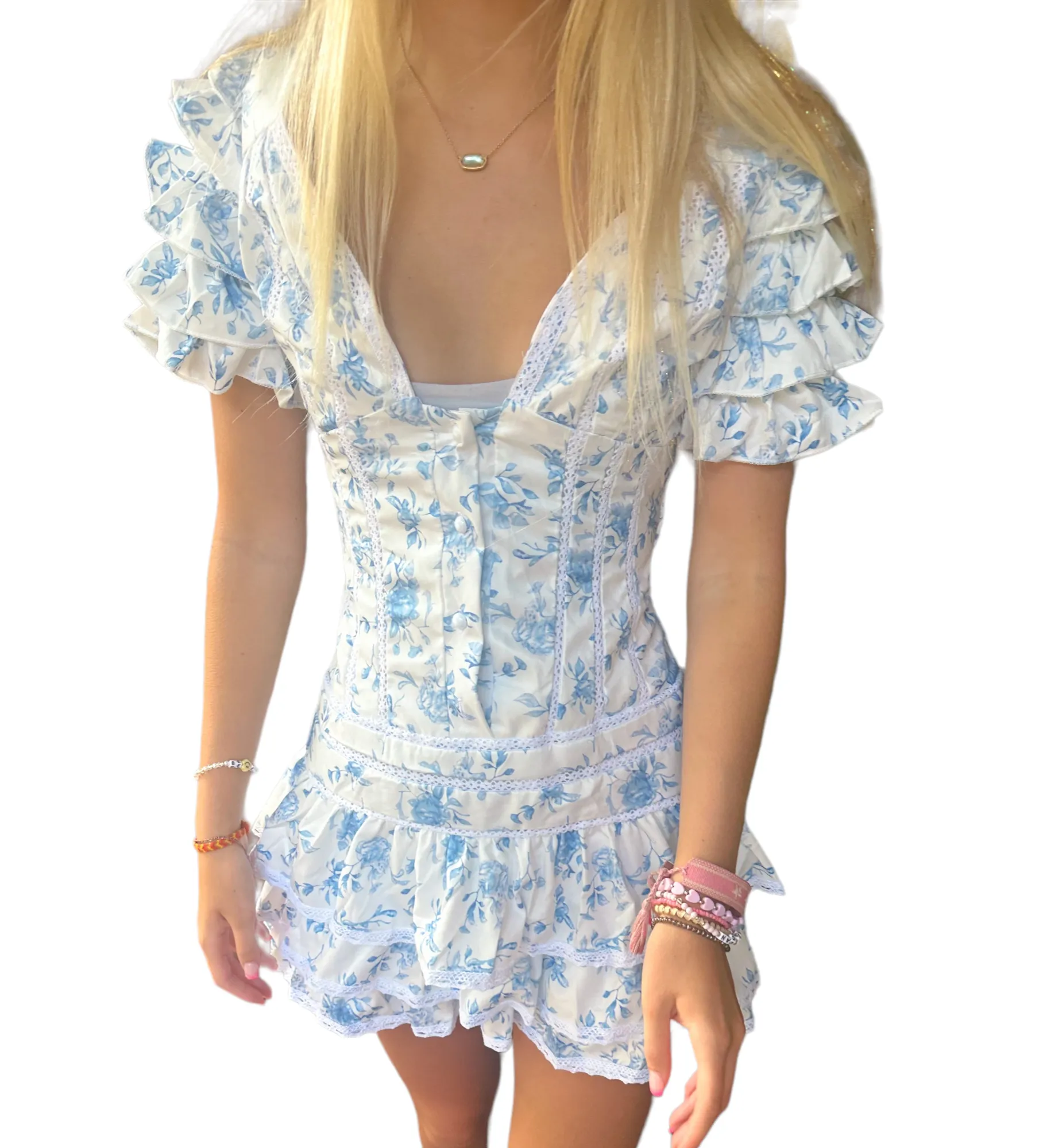 Sweet Roses Blue Ruffle Dress with Charming Elegance