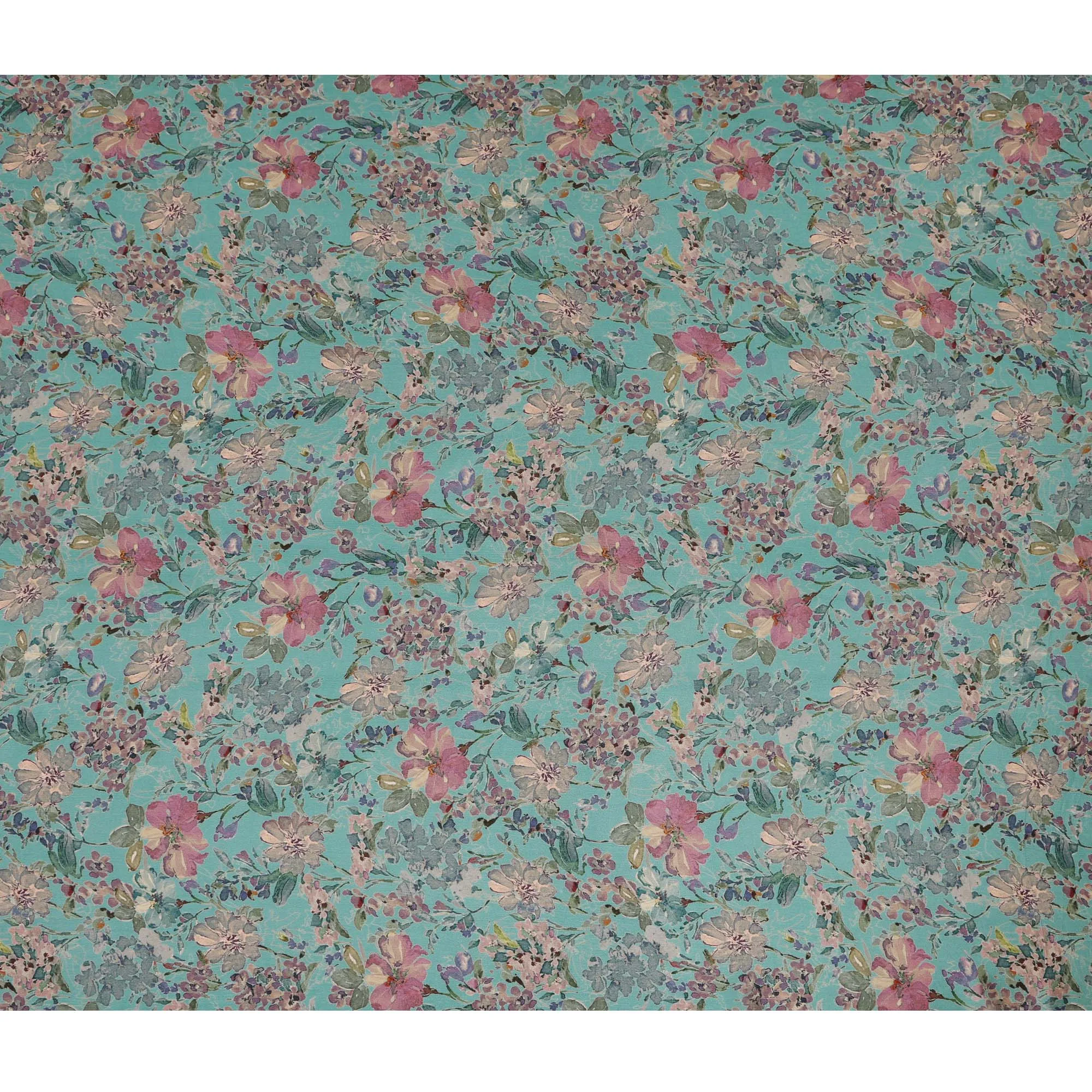 Teal Synthetic Crepe Fabric with Vibrant Floral Print, 110 cm Width-D20692