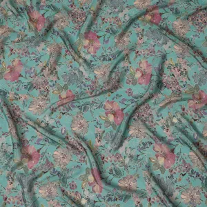 Teal Synthetic Crepe Fabric with Vibrant Floral Print, 110 cm Width-D20692