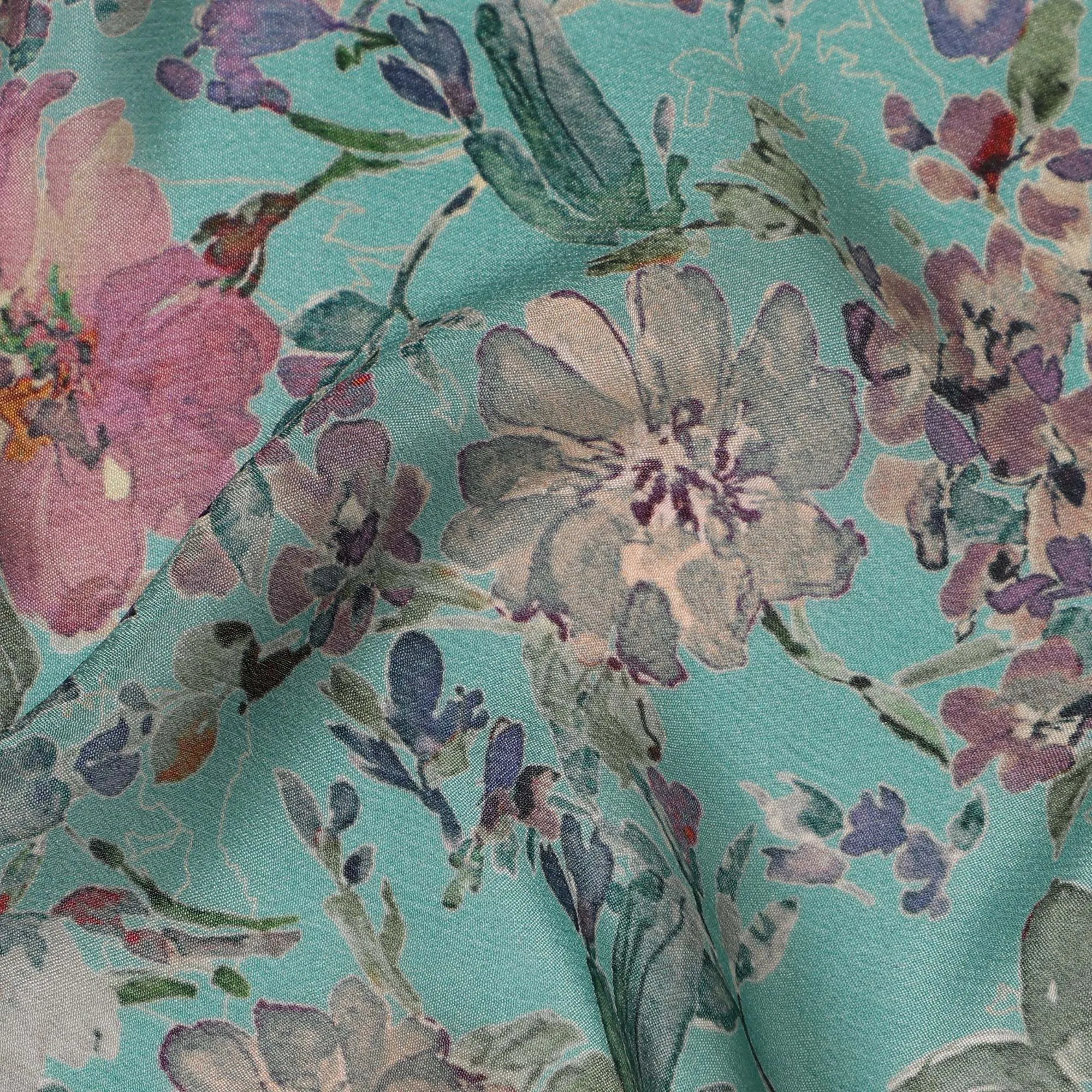 Teal Synthetic Crepe Fabric with Vibrant Floral Print, 110 cm Width-D20692