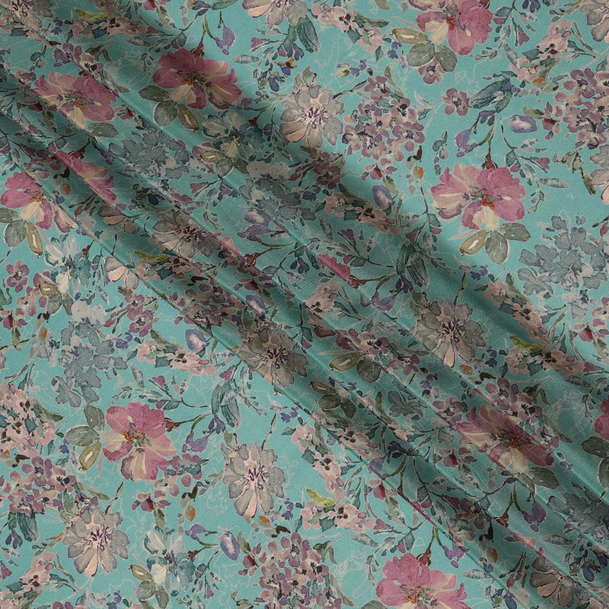 Teal Synthetic Crepe Fabric with Vibrant Floral Print, 110 cm Width-D20692