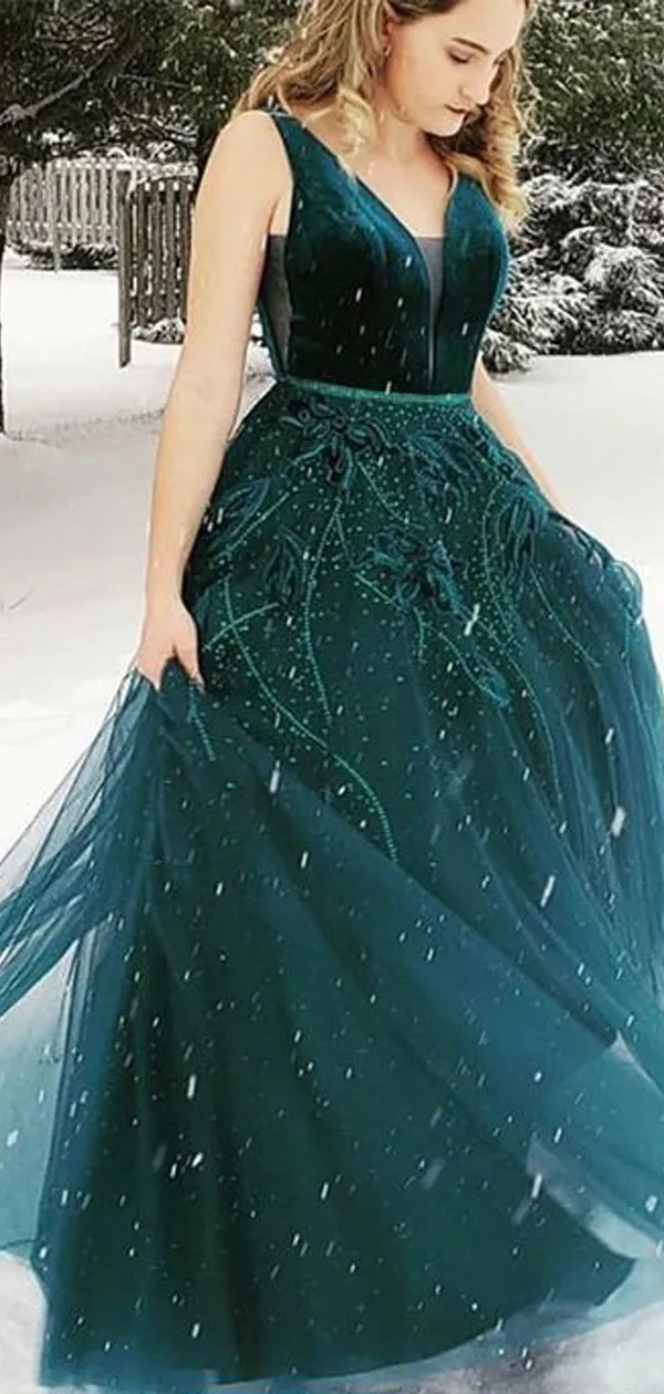 Teal Velvet Beading Tulle Sleeveless Charming Prom Dresses.PD00285