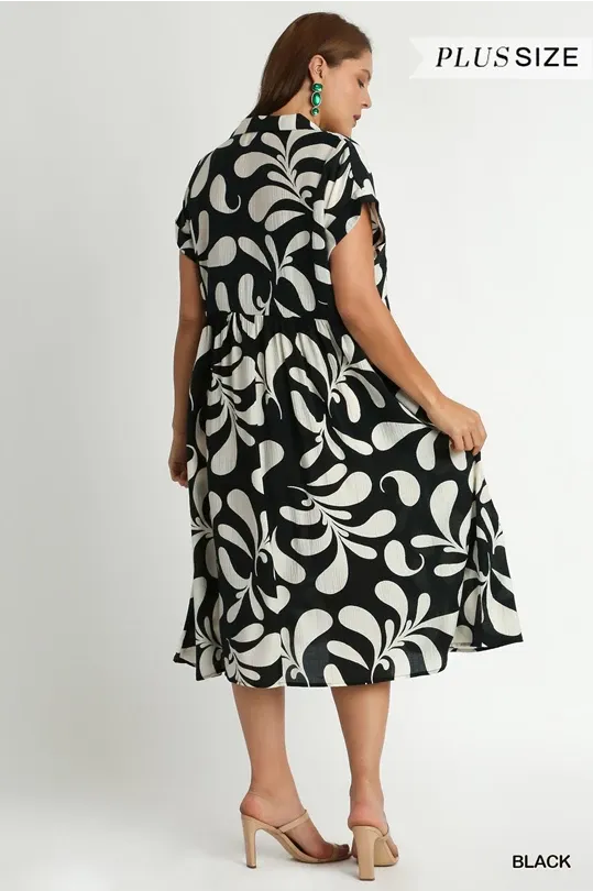 Two Tone Crinkle Collared Midi Dress