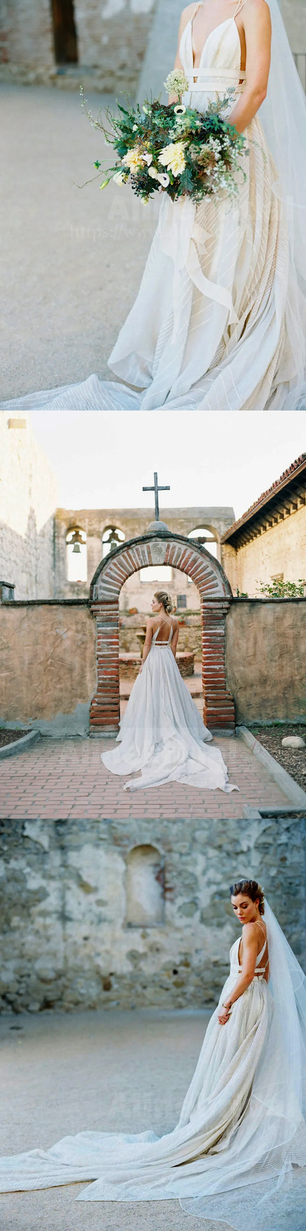 Unique Nude Spaghetti Straps Tulle A-line Charming Wedding Dresses, AB1165