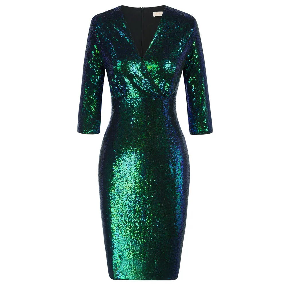 Vintage 50s Sequin Pencil Dress V Neck Glitter Dresses