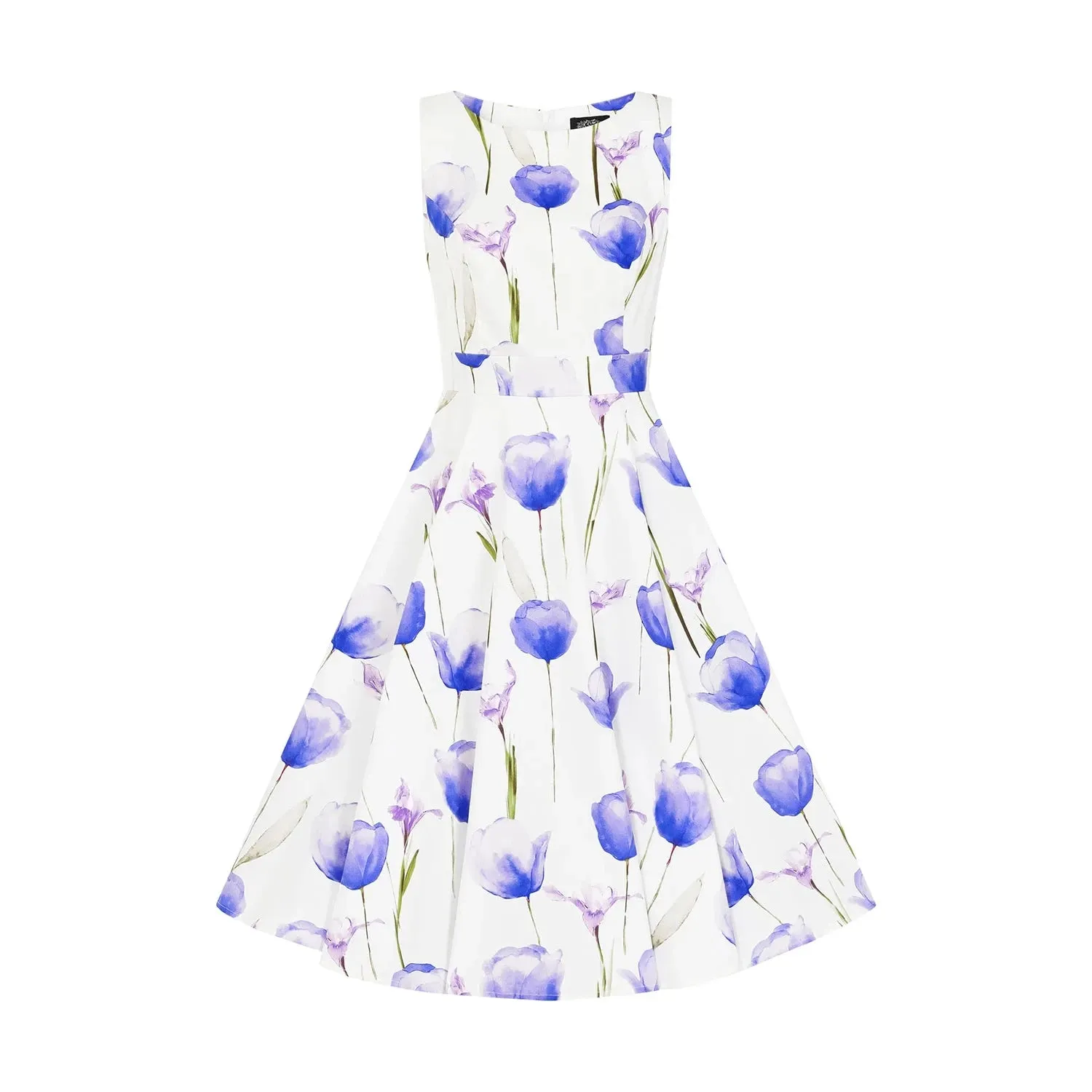 White & Purple Tulips Floral Print 50s Swing Dress