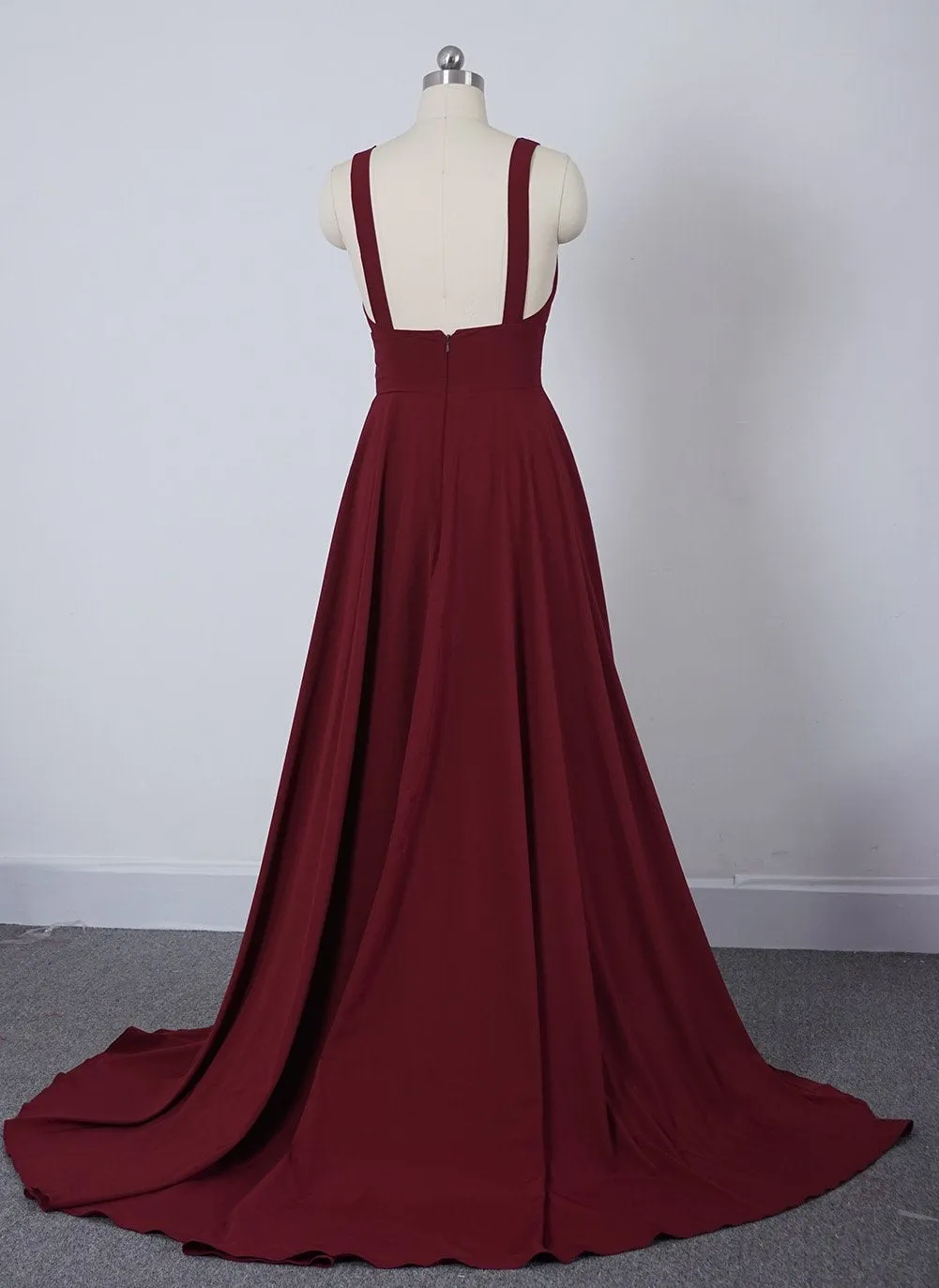 Wine Red Chiffon High Slit Long Party Dress, Charming Long Straps Bridesmaid Dresses