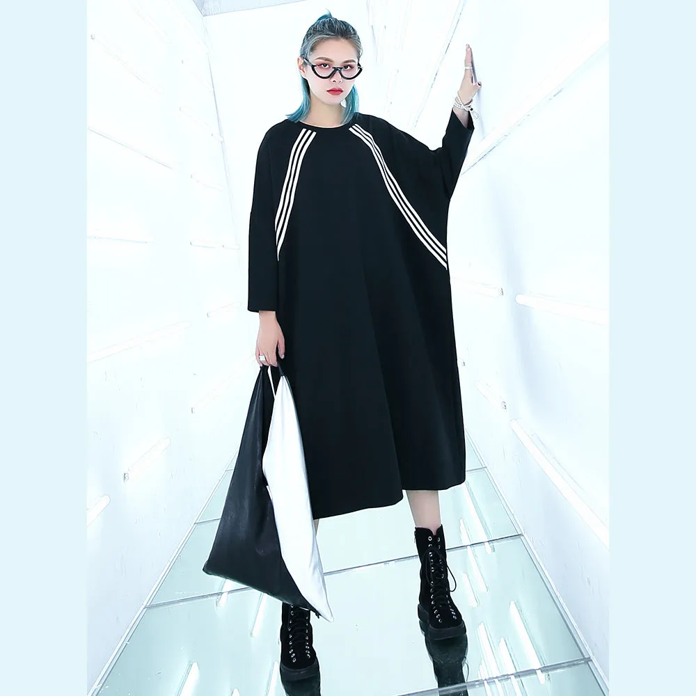 women black knee plus size traveling dress Batwing Sleeve baggy dresses fine O neck cotton dresses