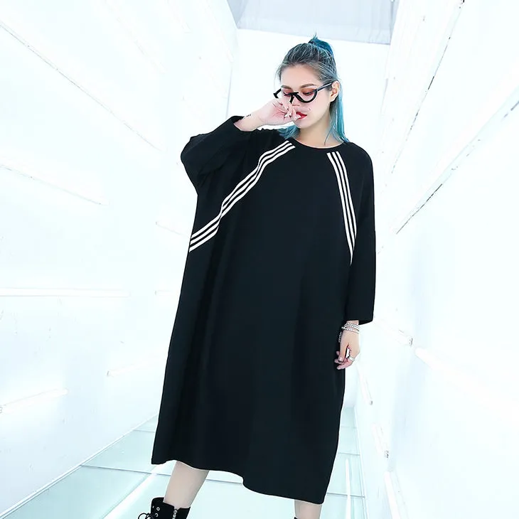 women black knee plus size traveling dress Batwing Sleeve baggy dresses fine O neck cotton dresses