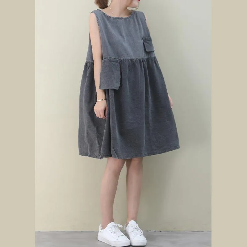 Women o neck Cinched Cotton dresses Fabrics denim gray Dresses