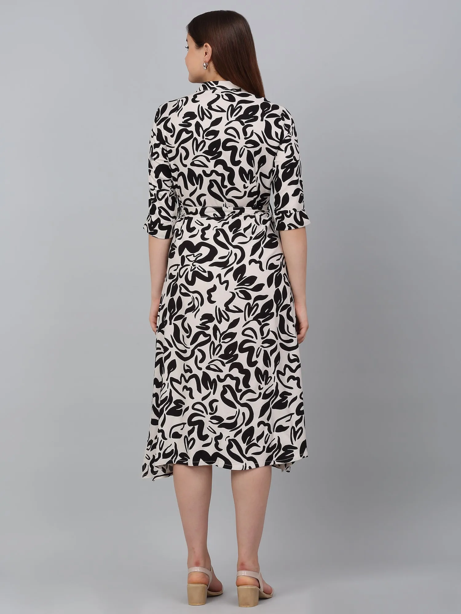 Women's Black Printed Spread Collar Casual Dress