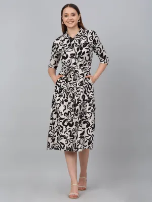 Women's Black Printed Spread Collar Casual Dress