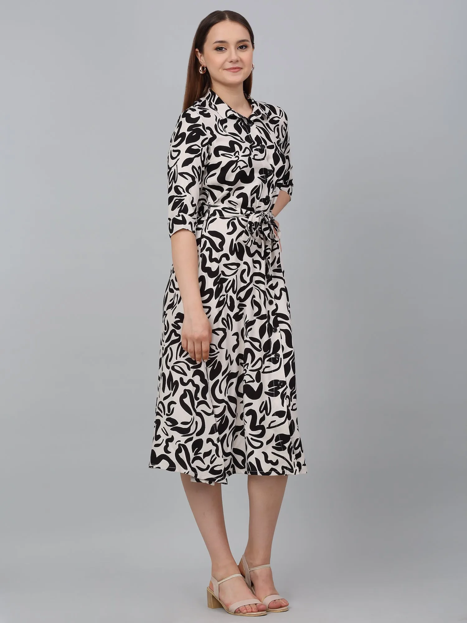 Women's Black Printed Spread Collar Casual Dress