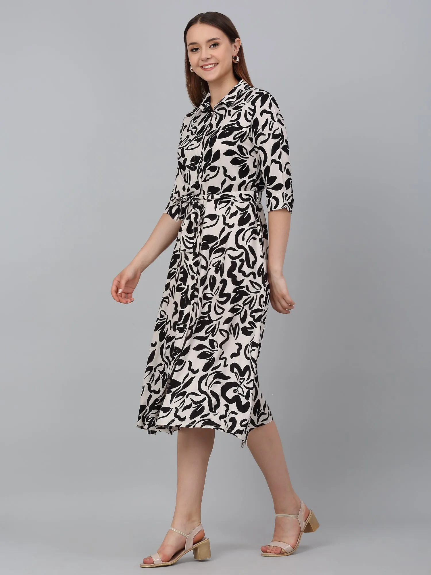 Women's Black Printed Spread Collar Casual Dress