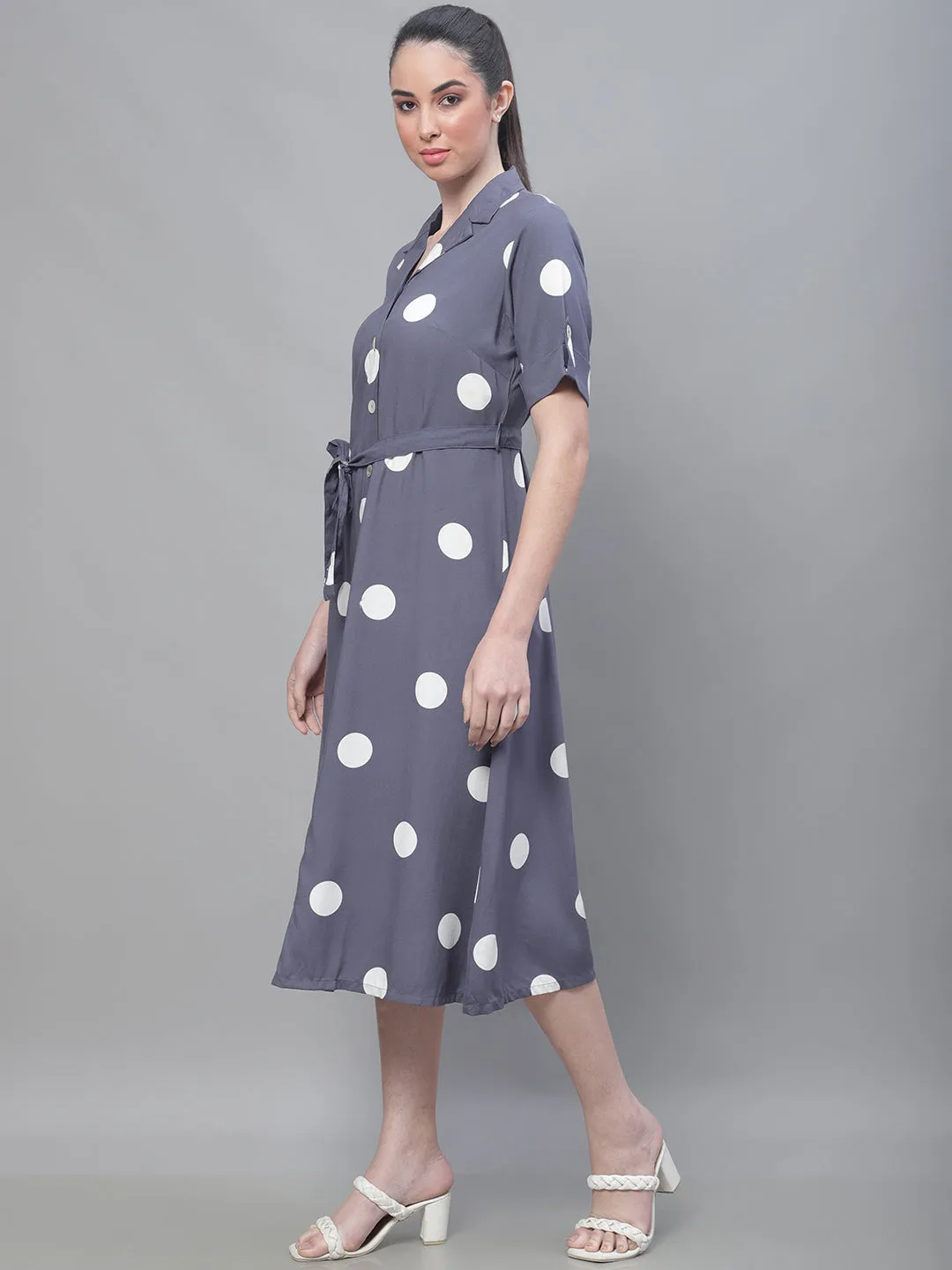 Women's Casual Shirt collar Grey Polka dot Print A line Dress