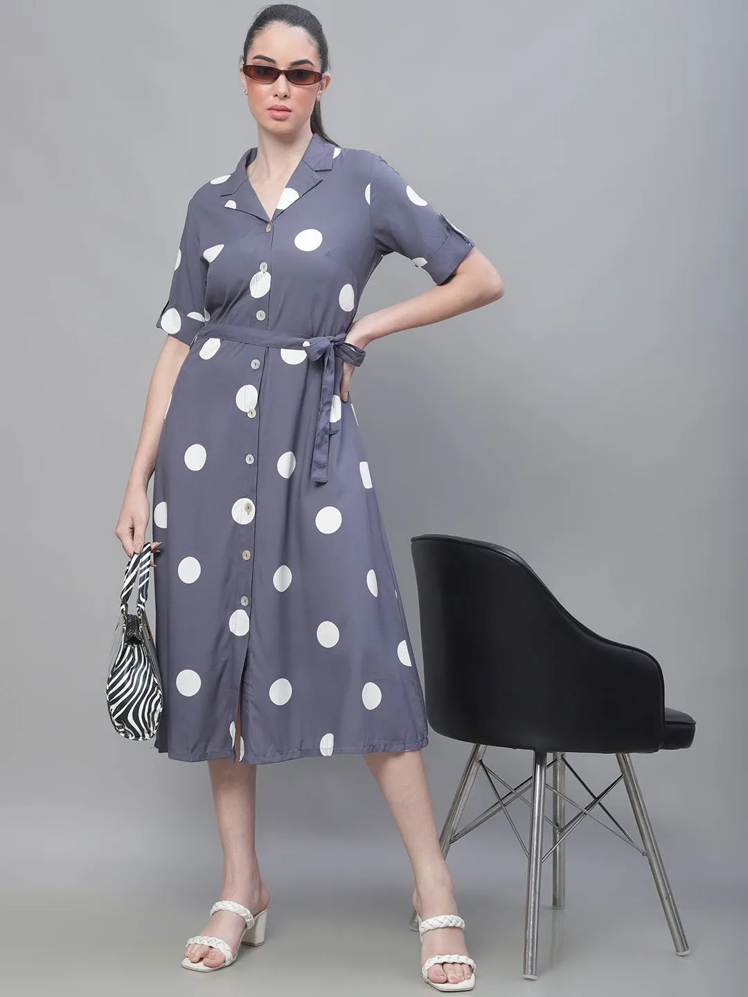 Women's Casual Shirt collar Grey Polka dot Print A line Dress