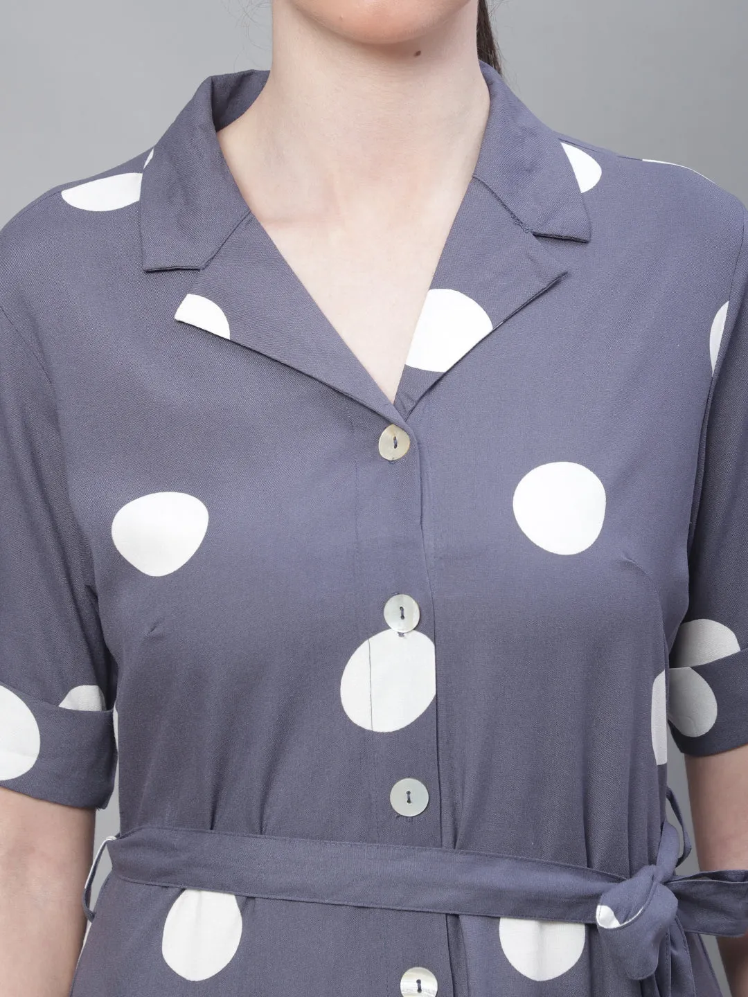 Women's Casual Shirt collar Grey Polka dot Print A line Dress