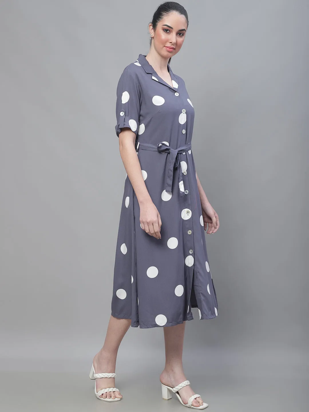 Women's Casual Shirt collar Grey Polka dot Print A line Dress