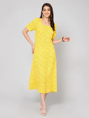 Women's Casual Square neck Yellow Ditsy Floral Print A line Dress