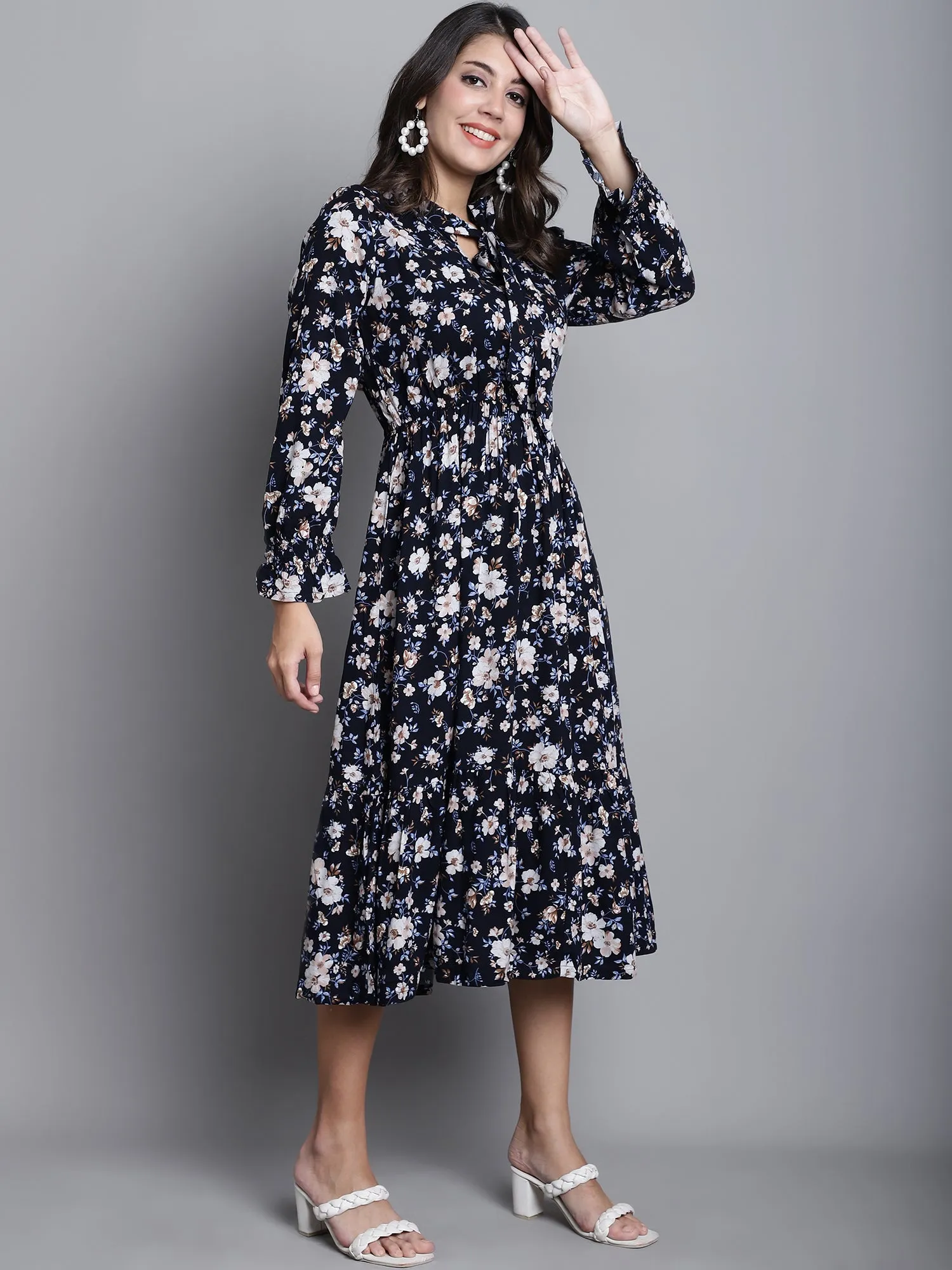 Women's Casual Tie up neck Black Floral print Fit & Flared Dress