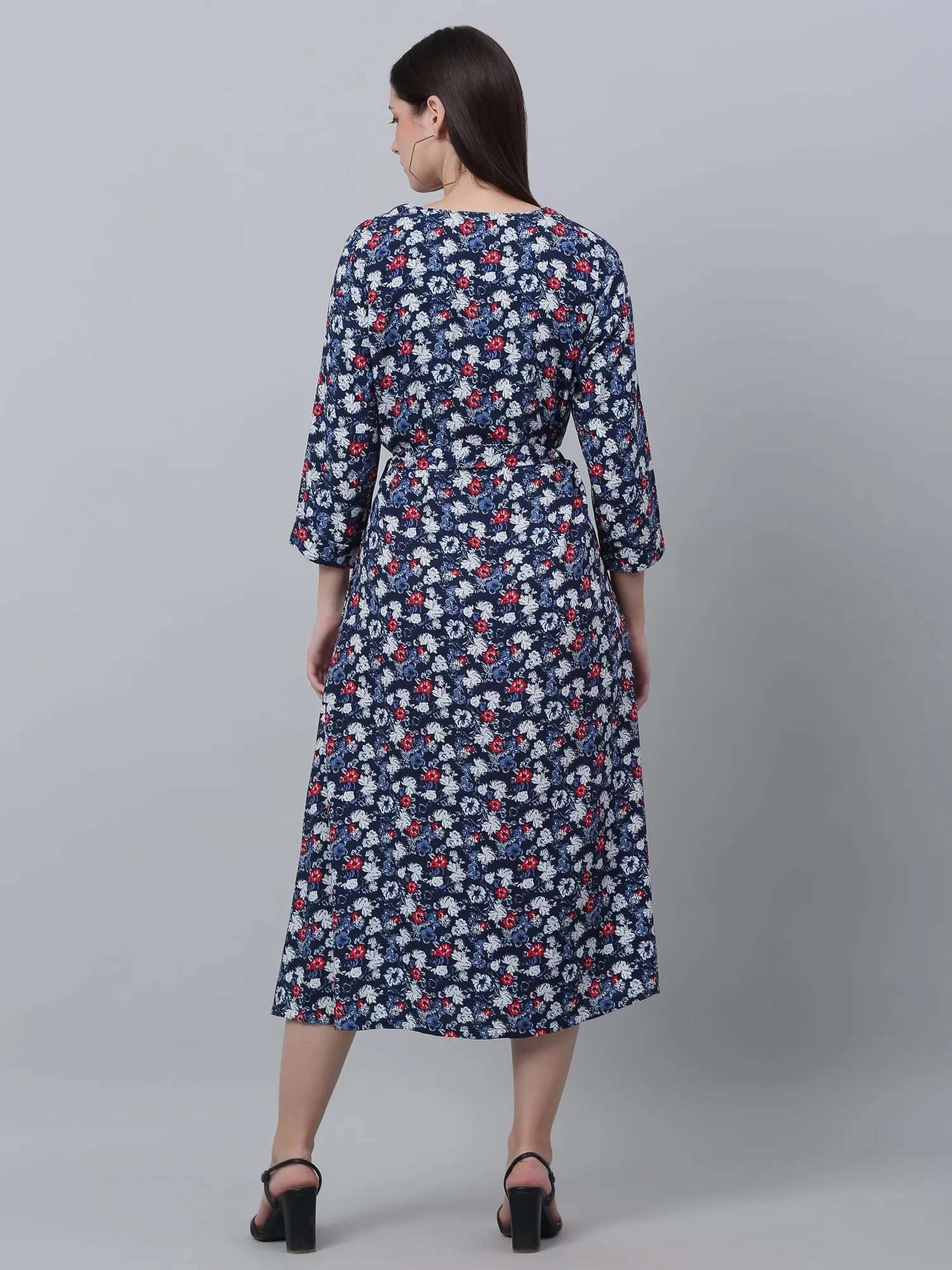 Women's Casual V neck Blue Floral Print Fit & Flared Dress