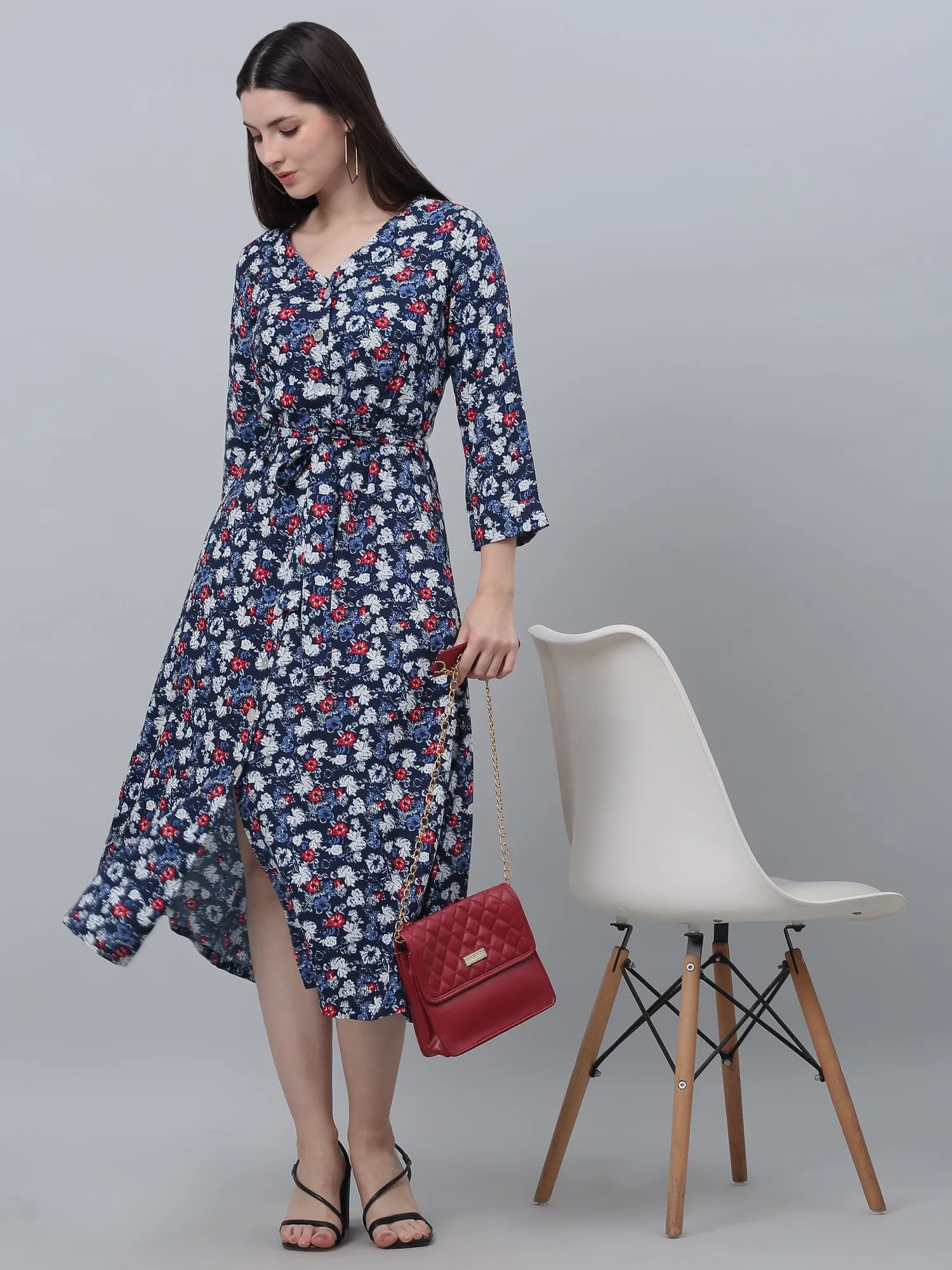 Women's Casual V neck Blue Floral Print Fit & Flared Dress